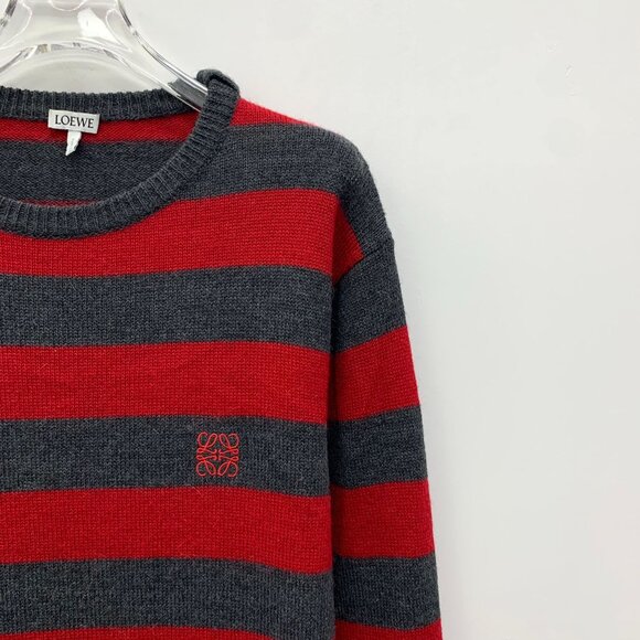 CW0727 Loewe Striped Red & Gray Wool Crewneck Sweater With Embroidered Logo - Picture 3 of 8